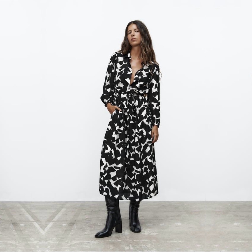 ZARA Black White Printed Dress With Belt